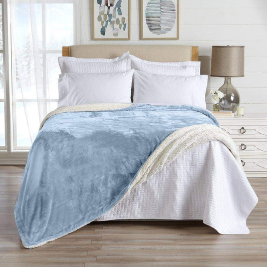 Sleep City Twin / Powder Blue Velvet Plush Sherpa Luxury Bed Blanket - Kinsley Collection Great Bay Home
