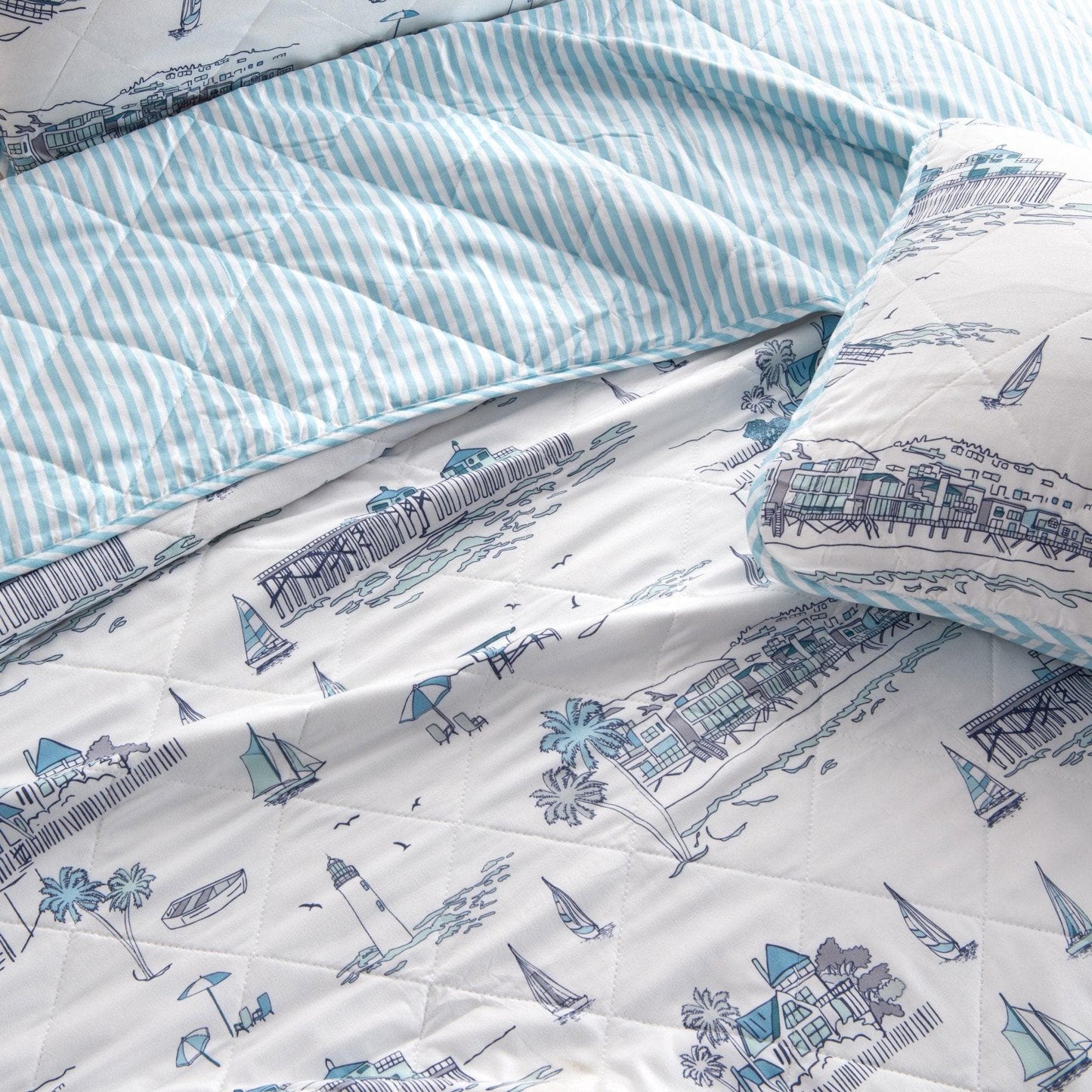 Sleep City Twin / Cape Elizabeth 3-Piece Coastal Toile Quilt Set - Cape Elizabeth Collection Great Bay Home