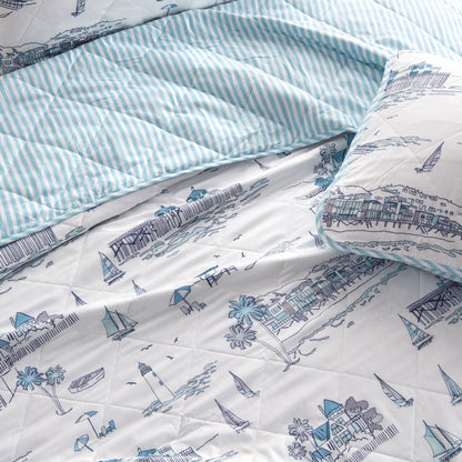 Sleep City Twin / Cape Elizabeth 3-Piece Coastal Toile Quilt Set - Cape Elizabeth Collection Great Bay Home
