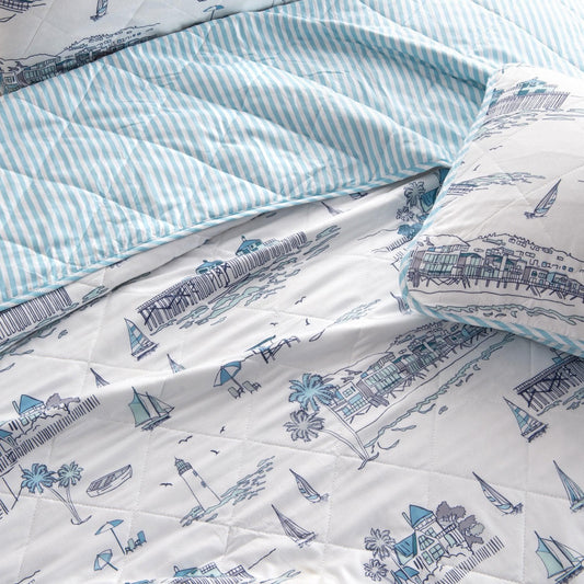 Sleep City Twin / Cape Elizabeth 3-Piece Coastal Toile Quilt Set - Cape Elizabeth Collection Great Bay Home