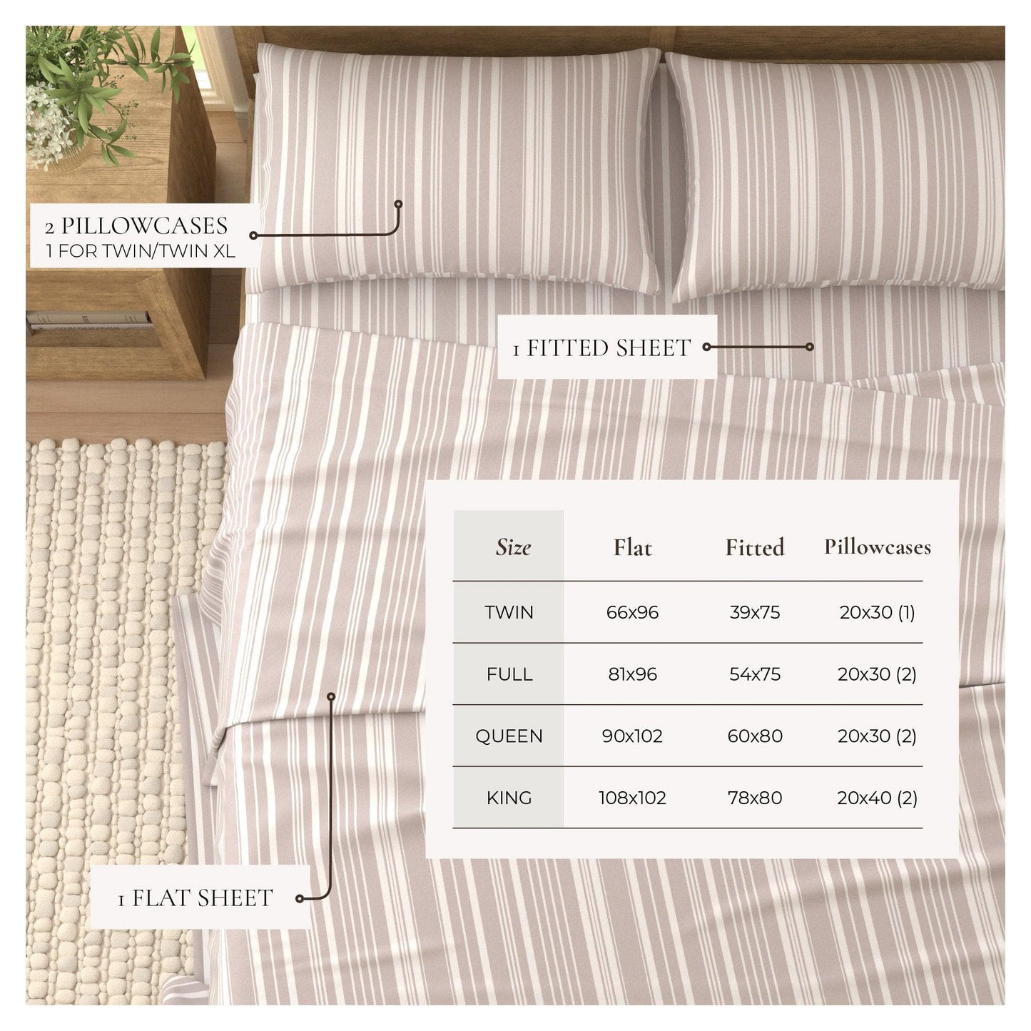 Sleep City King / Sage Green Stripe Bed Sheets 4-Piece Striped Microfiber Sheet Set - Elouise Collection Great Bay Home