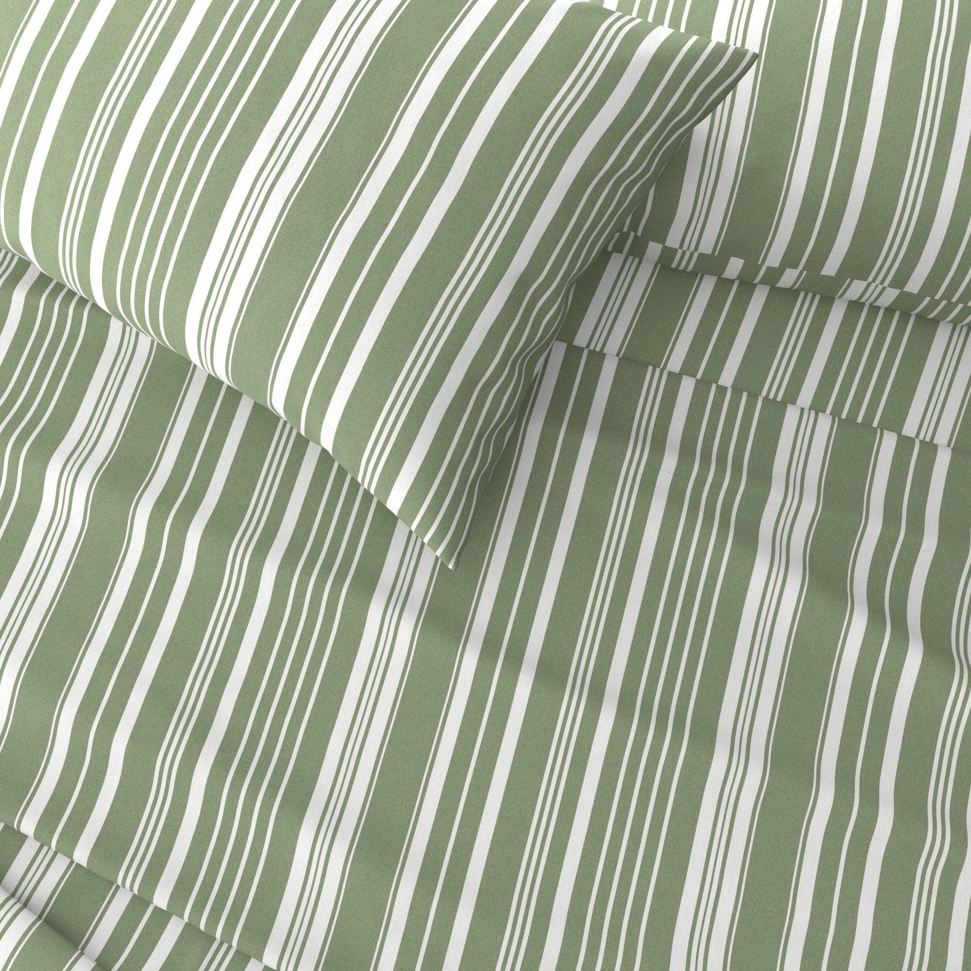 Sleep City King / Sage Green Stripe Bed Sheets 4-Piece Striped Microfiber Sheet Set - Elouise Collection Great Bay Home