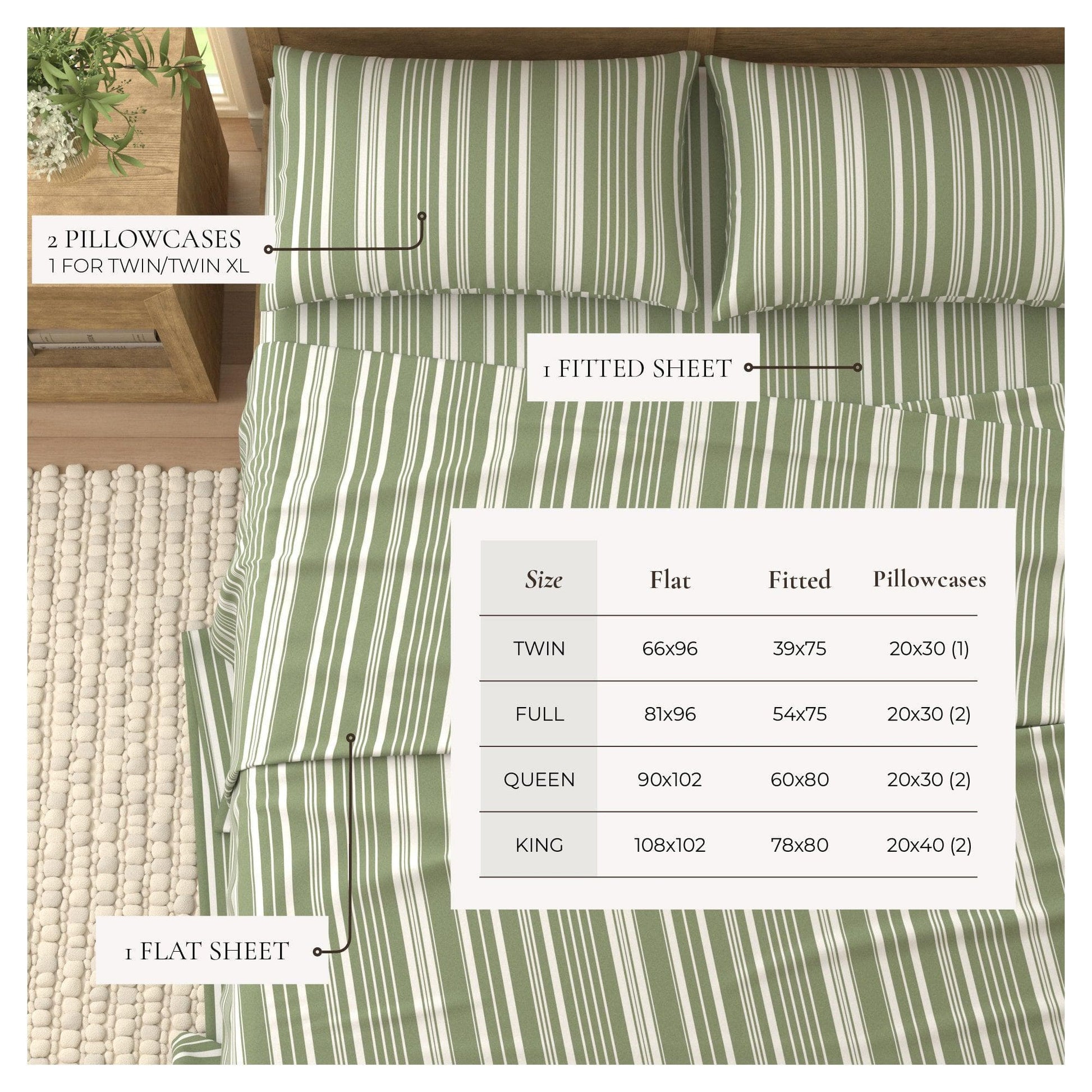Sleep City King / Sage Green Stripe Bed Sheets 4-Piece Striped Microfiber Sheet Set - Elouise Collection Great Bay Home