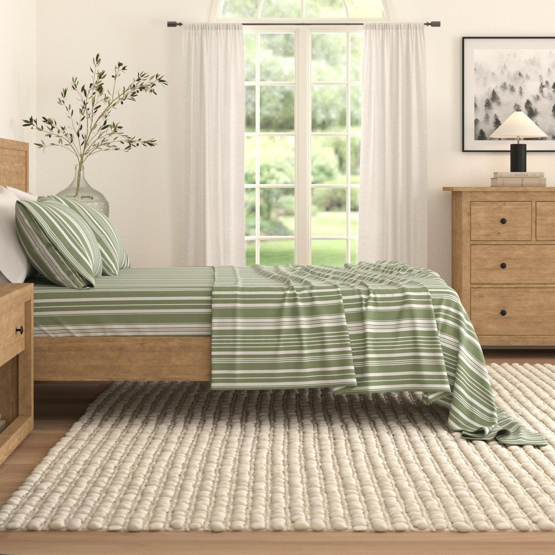 Sleep City King / Sage Green Stripe Bed Sheets 4-Piece Striped Microfiber Sheet Set - Elouise Collection Great Bay Home
