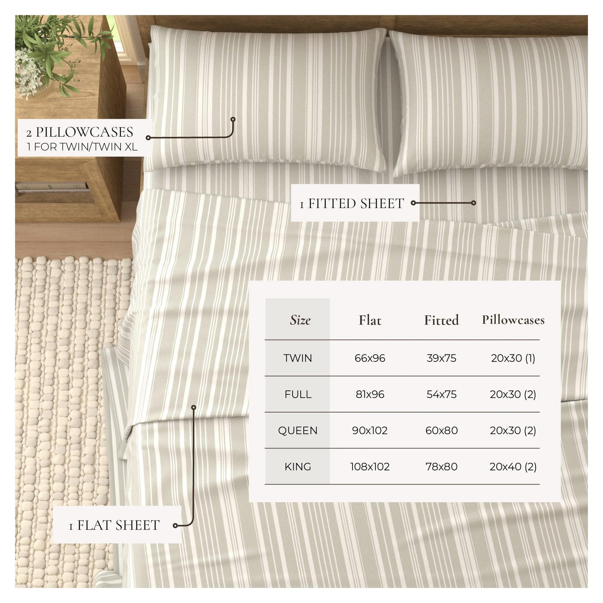 Sleep City King / Sage Green Stripe Bed Sheets 4-Piece Striped Microfiber Sheet Set - Elouise Collection Great Bay Home