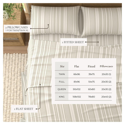 Sleep City King / Sage Green Stripe Bed Sheets 4-Piece Striped Microfiber Sheet Set - Elouise Collection Great Bay Home