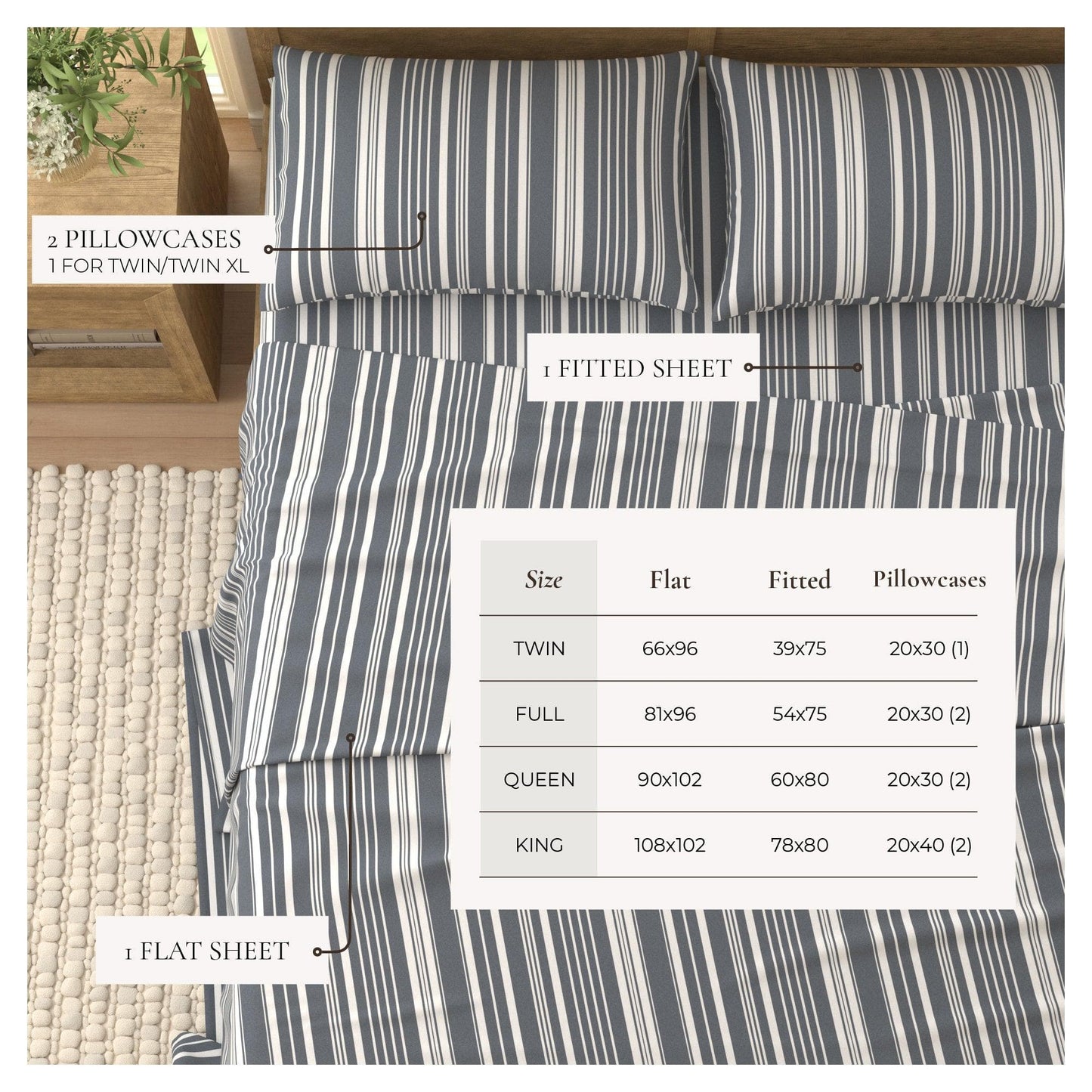 Sleep City King / Sage Green Stripe Bed Sheets 4-Piece Striped Microfiber Sheet Set - Elouise Collection Great Bay Home