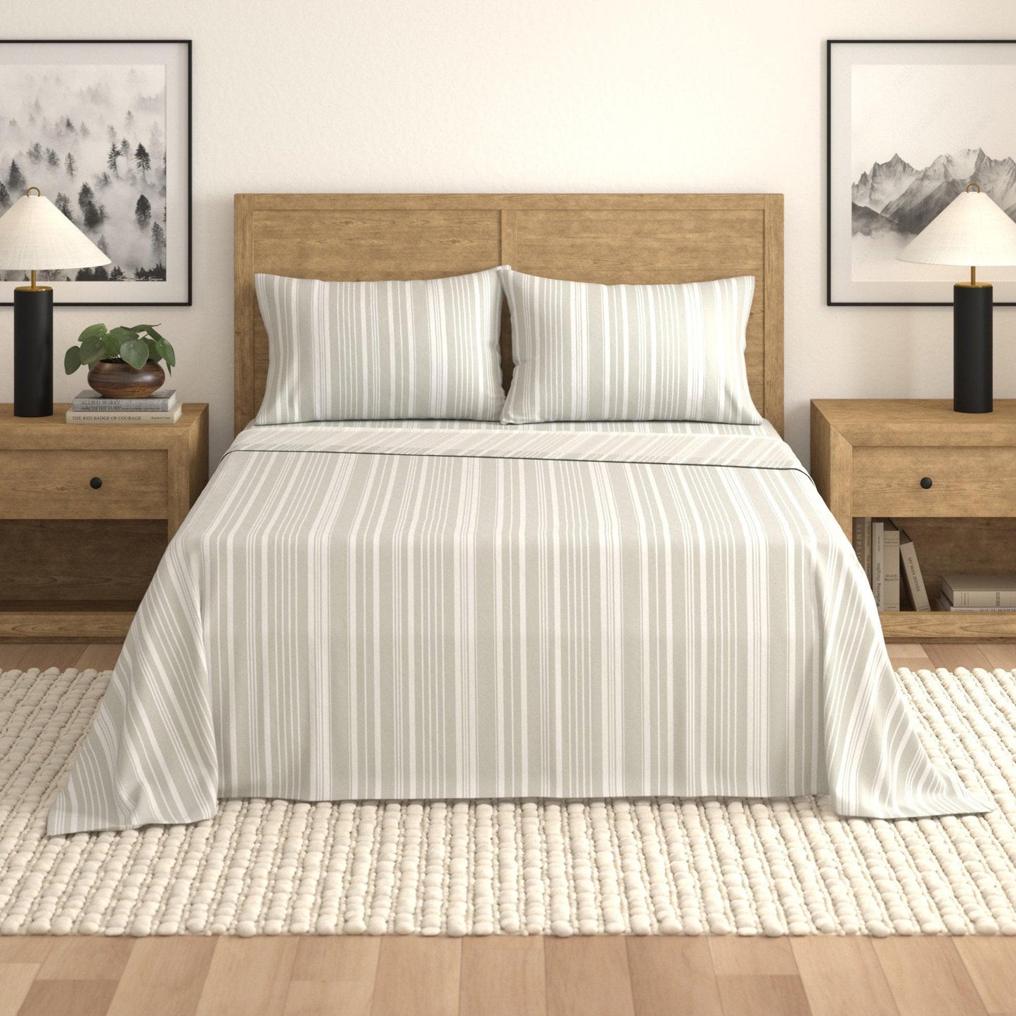 Sleep City King / Sage Green Stripe Bed Sheets 4-Piece Striped Microfiber Sheet Set - Elouise Collection Great Bay Home