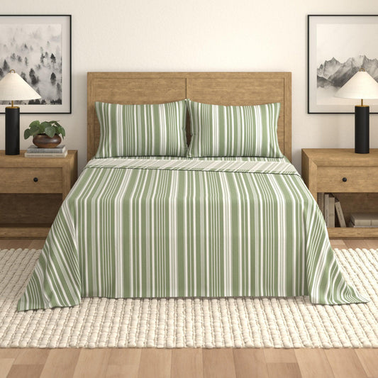 Sleep City King / Sage Green Stripe Bed Sheets 4-Piece Striped Microfiber Sheet Set - Elouise Collection Great Bay Home