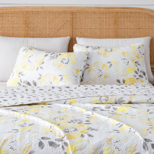 Sleep City Twin / Helene - Yellow Quilts 3 Piece Floral Quilt Set - Helene Collection Great Bay Home