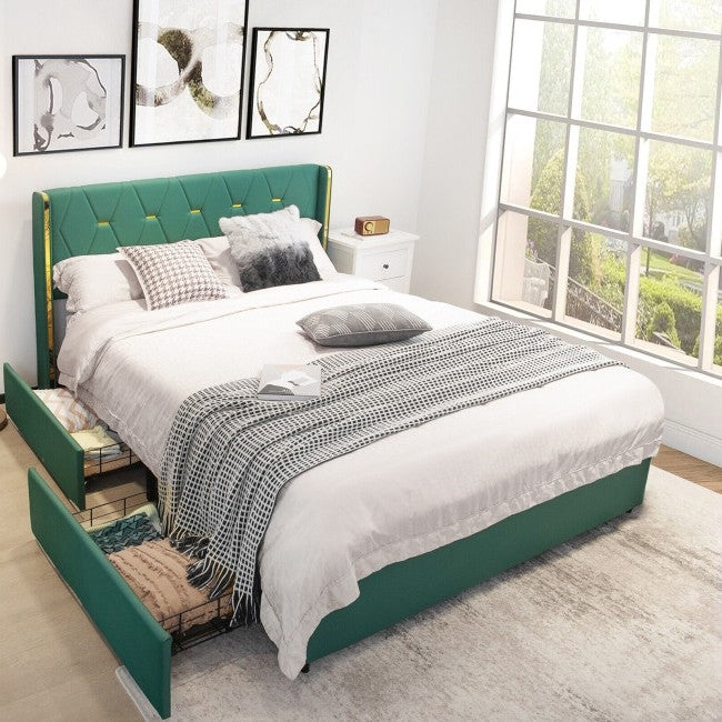 Green upholstered full size platform bed with storage drawers underneath
