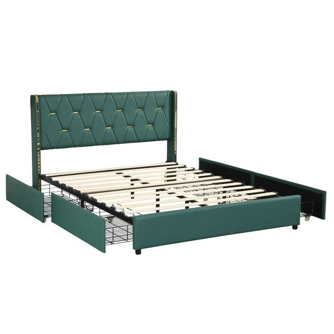 Green and gold full size bed frame with tufted headboard and gold accents with storage drawers underneath