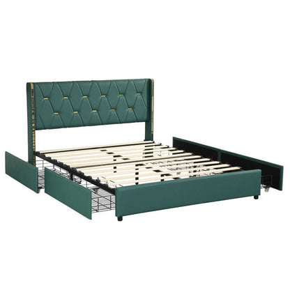 Green and gold full size bed frame with tufted headboard and gold accents with storage drawers underneath