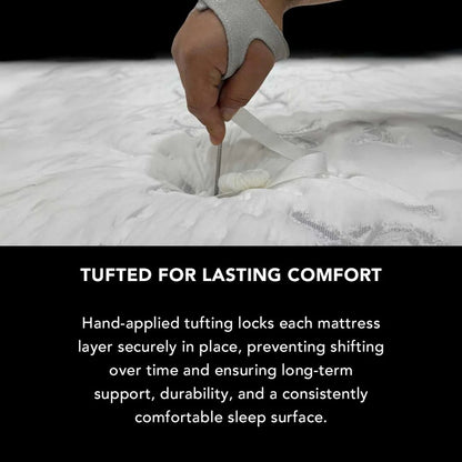 Hand applying tufting to a mattress with text about lasting comfort.