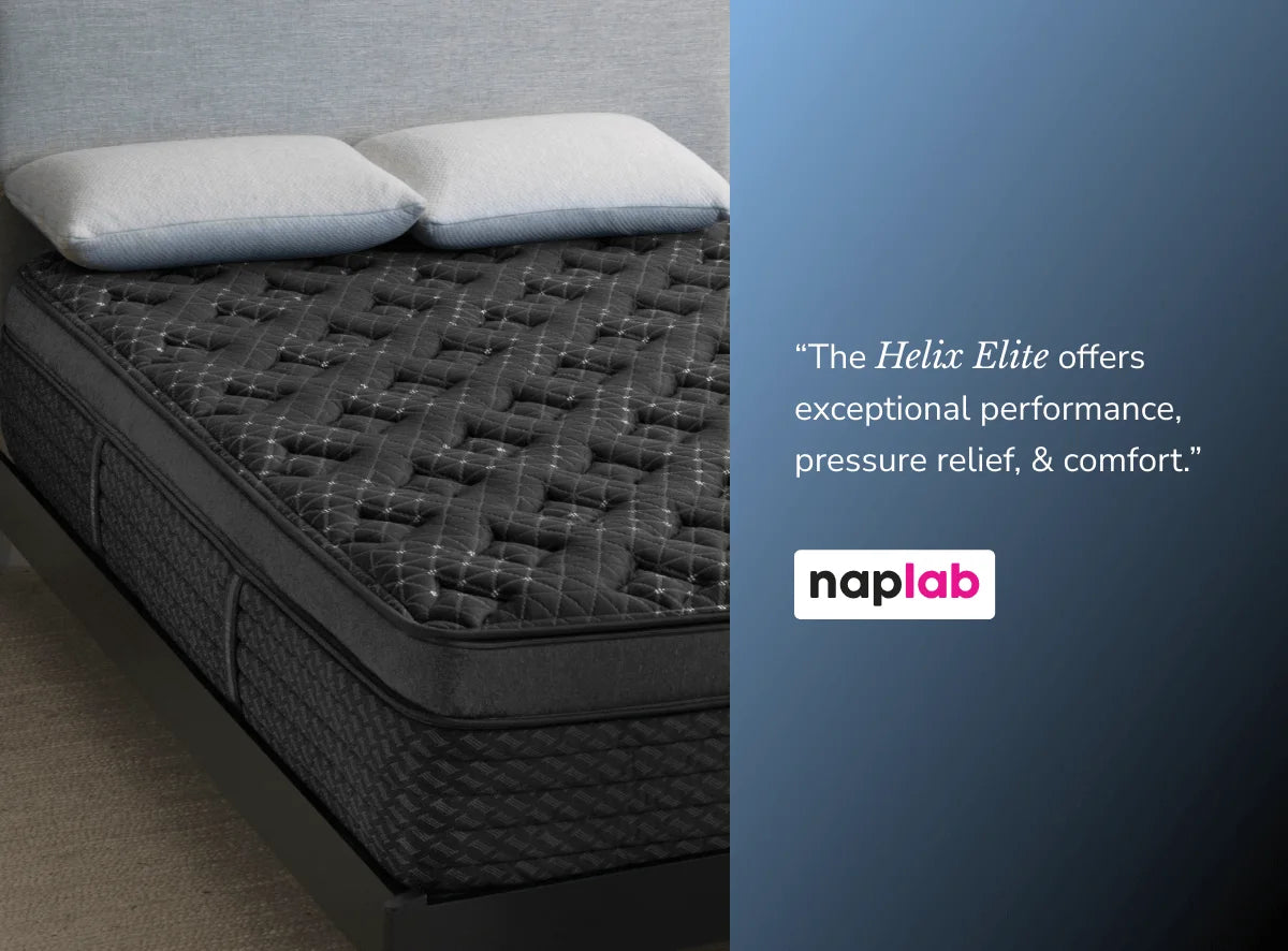 Mattress with Helix Elite branding and text about performance, pressure relief, and comfort.