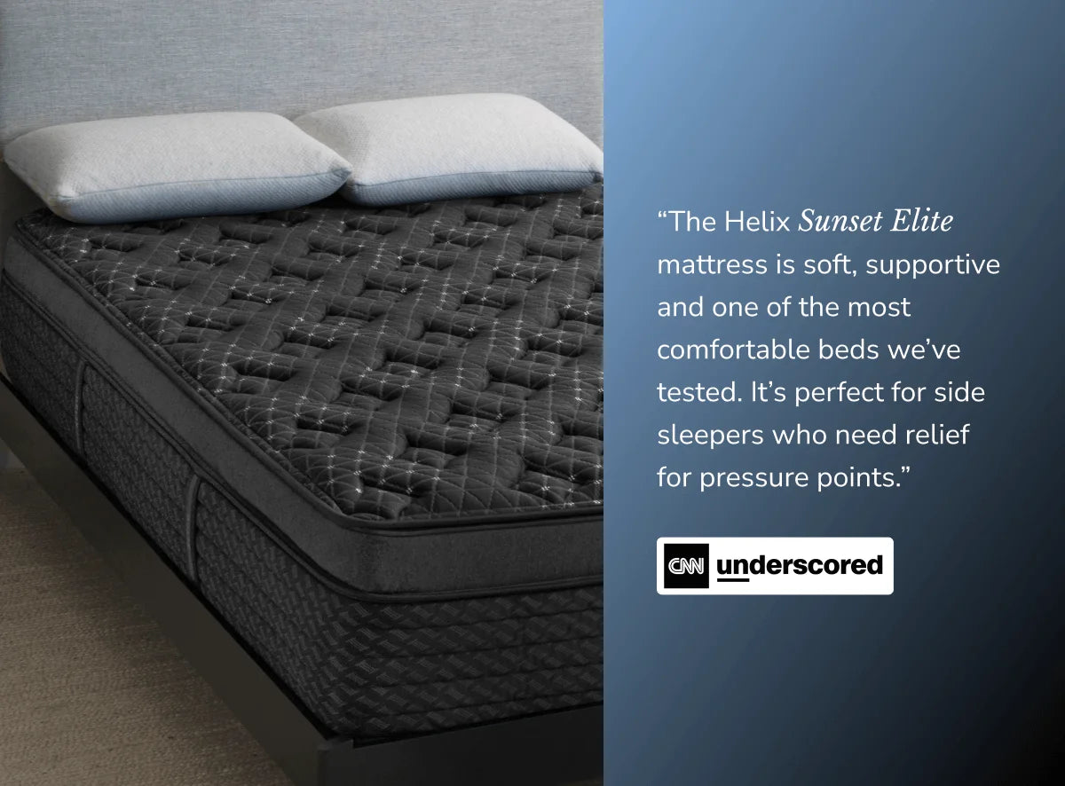 Helix Sunset Elite mattress with a quote about its comfort and support on a blue background