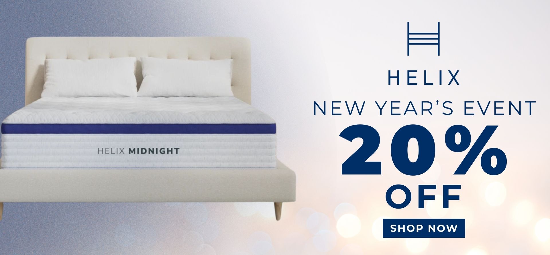 Helix mattress on a bed with promotional text for a New Year's Event discount.
