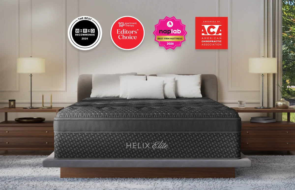 Helix Elite mattress in a bedroom setting with various awards displayed above it. Helix sale at Sleep City