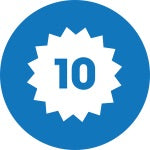 Blue circle with a white starburst and number 10 inside to show 10 year limited warranty