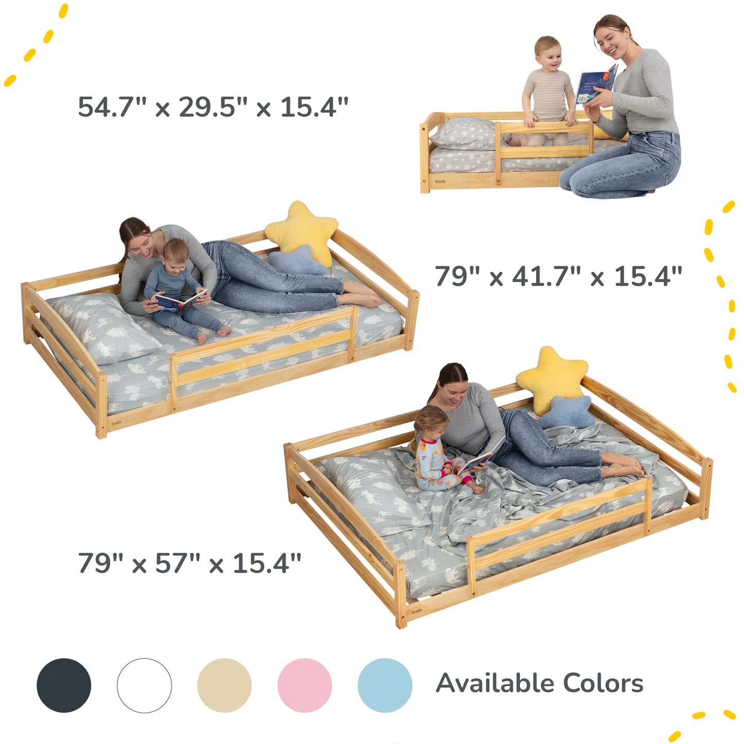 Wooden children's bed with dimensions and family using the bed on a white background