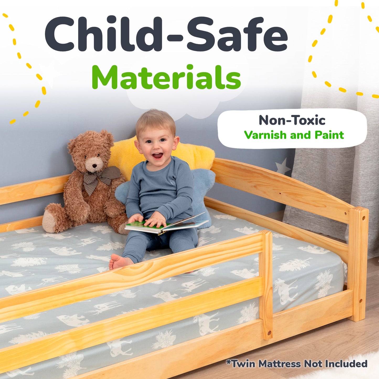 Child sitting on a wooden bed with a teddy bear, surrounded by text about child-safe materials and non-toxic varnish and paint.