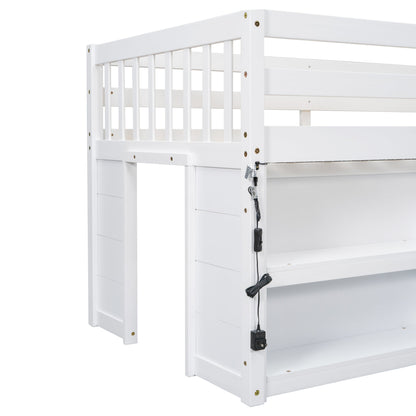 White wooden bunk bed with ladder on a white background