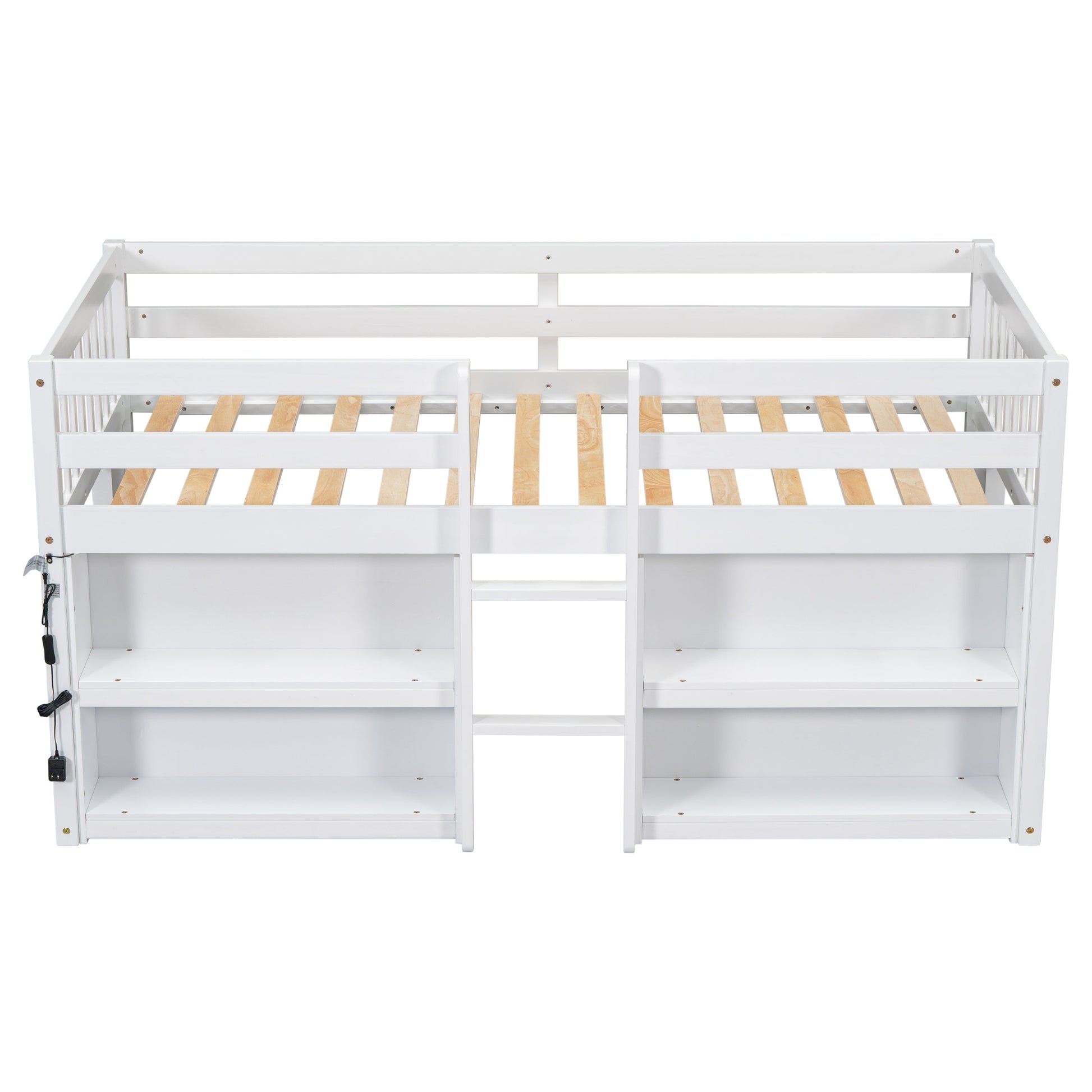 White children's bed with wooden slats on a white background