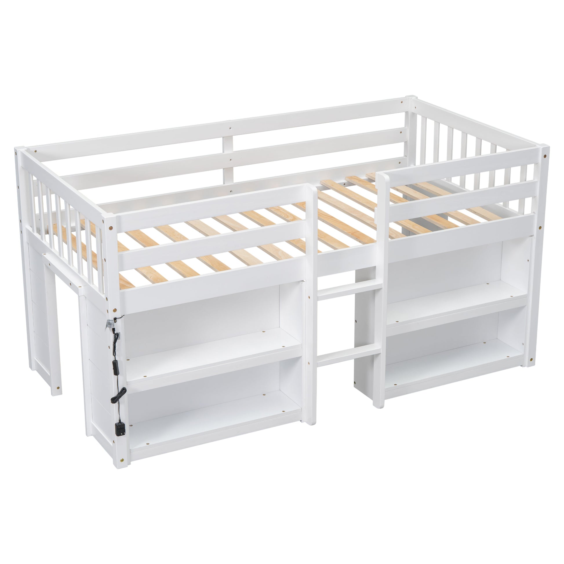 White loft bed with wooden slats on a white background