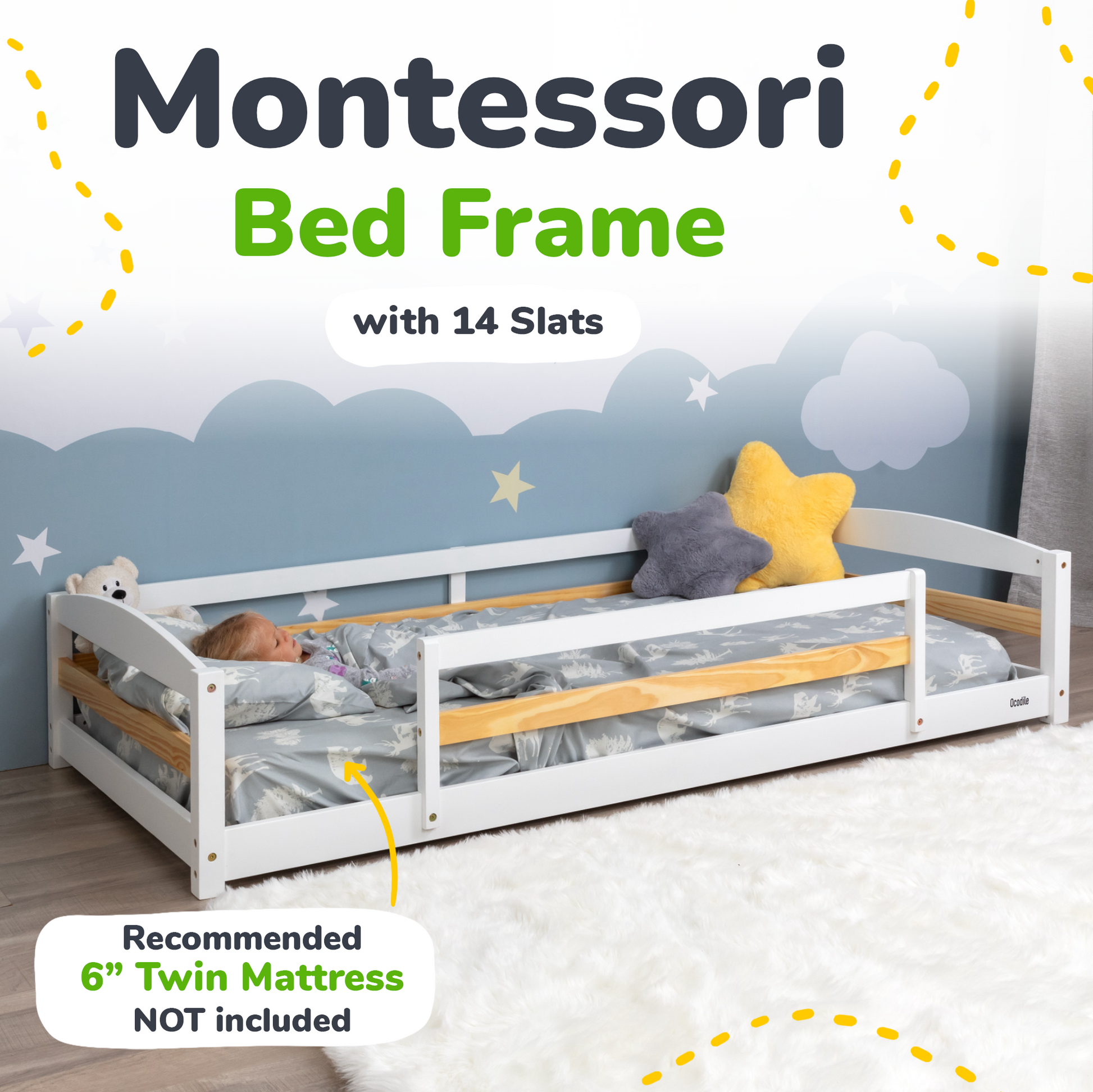Montessori bed frame with 14 slats and recommended mattress size on a white background