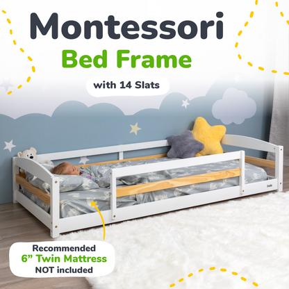 Montessori bed frame with 14 slats and recommended mattress size on a white background