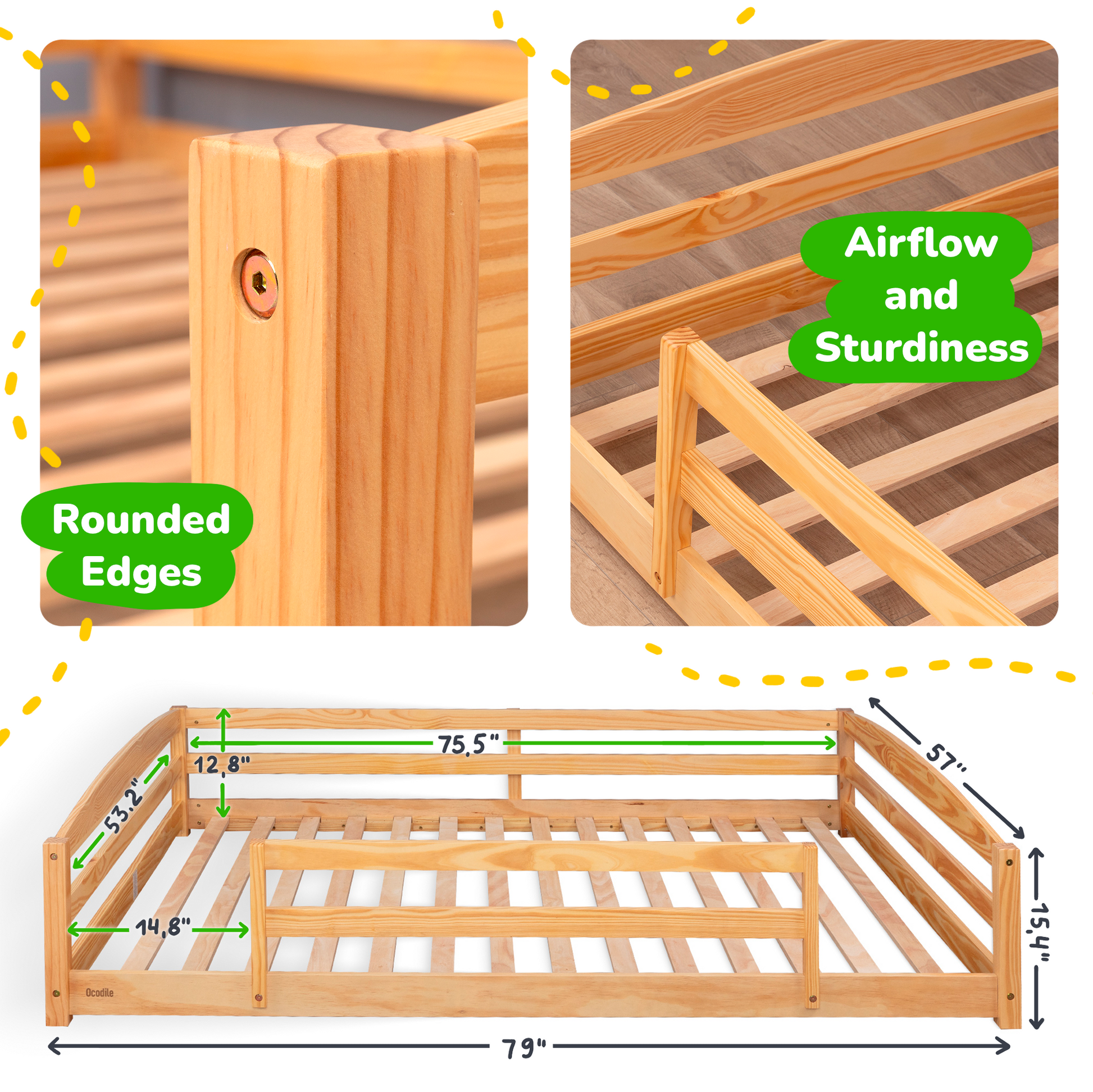 Wooden crib with rounded edges and airflow design, showing measurements and structural details.