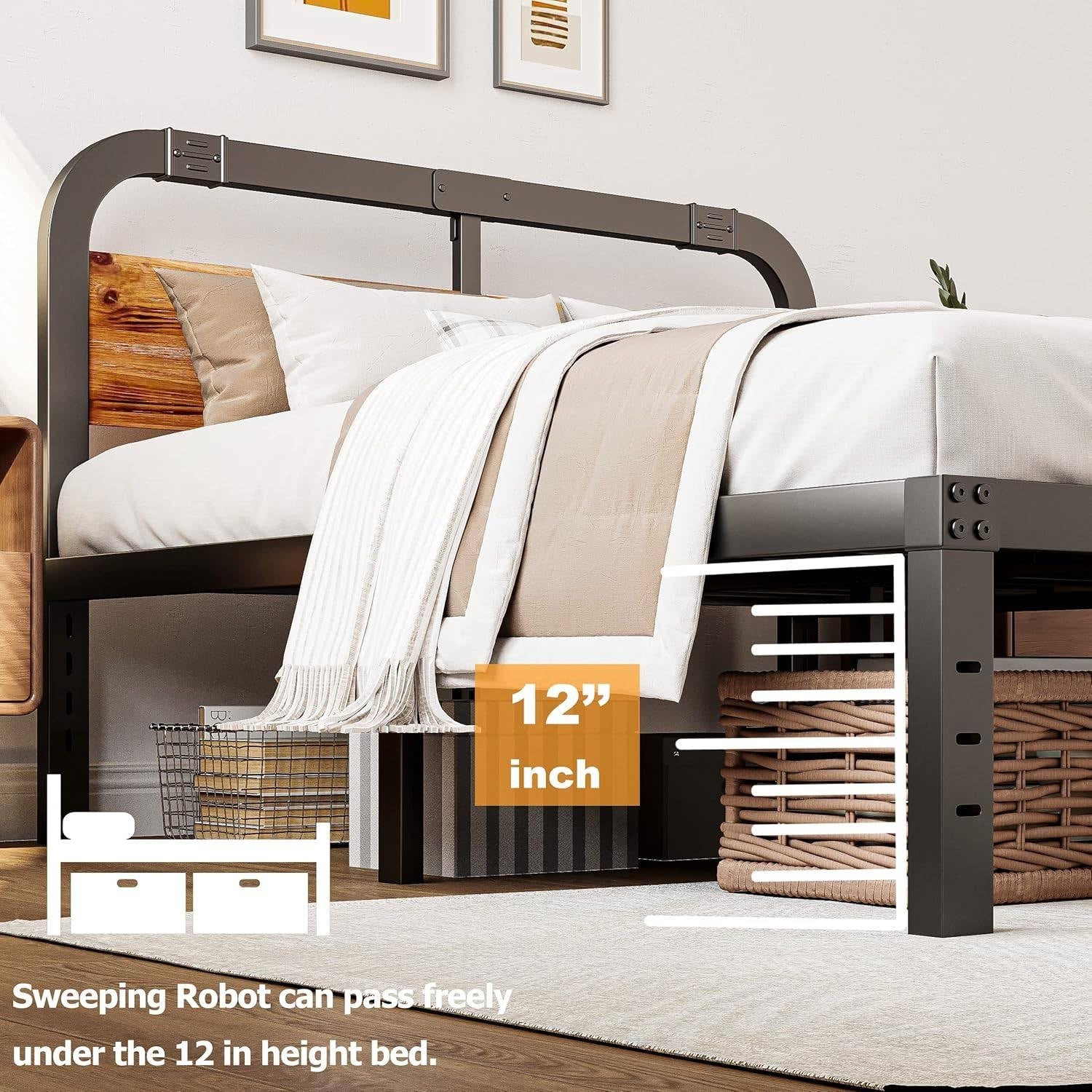King bed with a 12-inch clearance for a sweeping robot, in a bedroom setting.