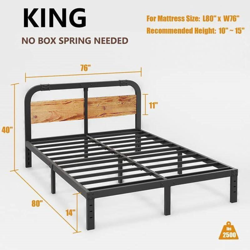 King size black metal bed frame with wooden headboard and dimensions on a white background