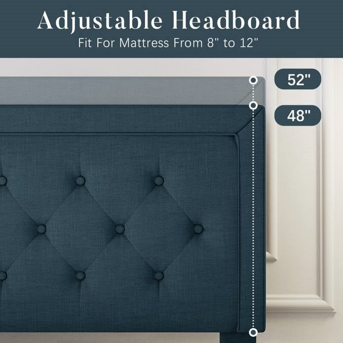 King size blue tufted headboard with measurements on a white wall background