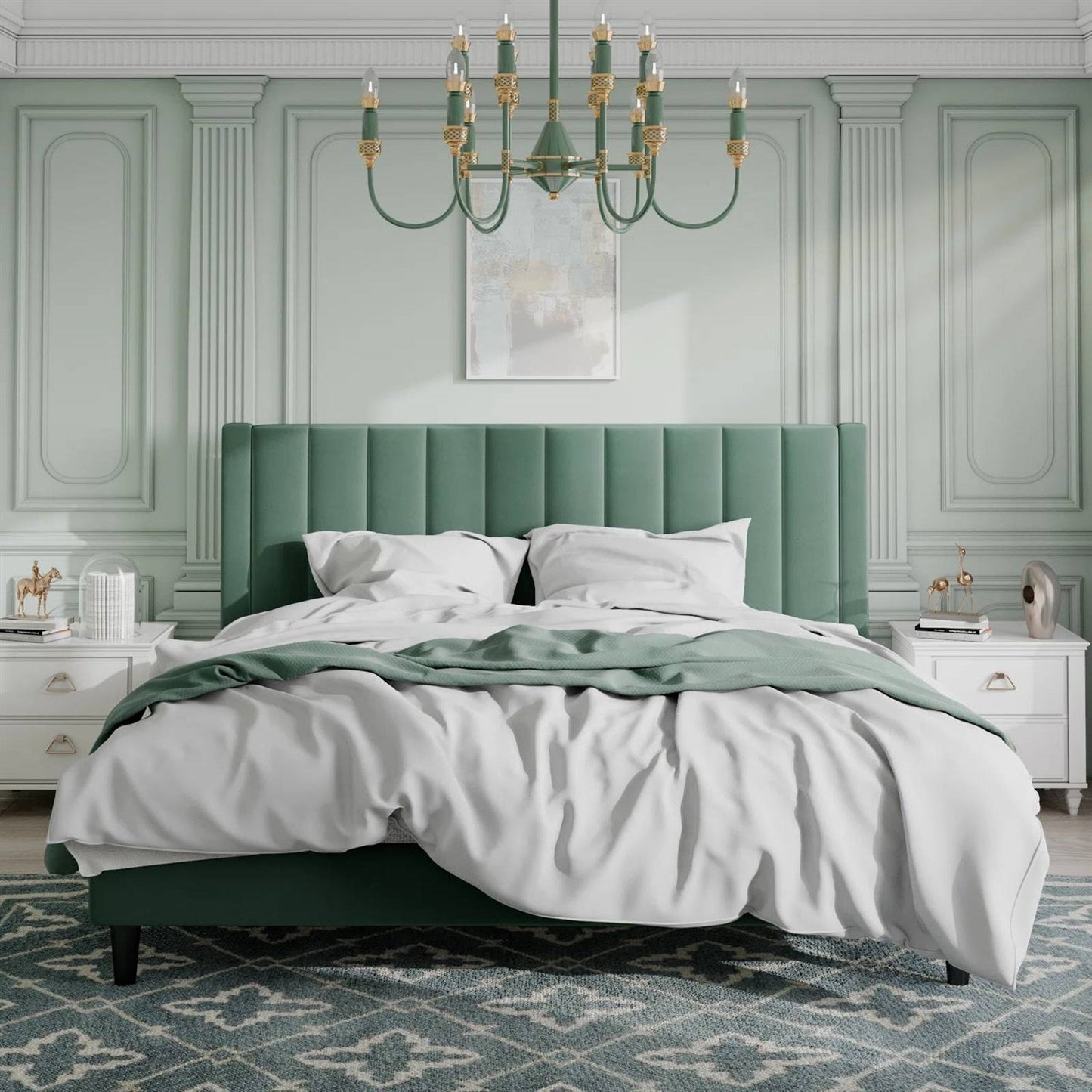 King size green velvet upholstered platform bed frame in a stylish bedroom with a chandelier and decorative elements.