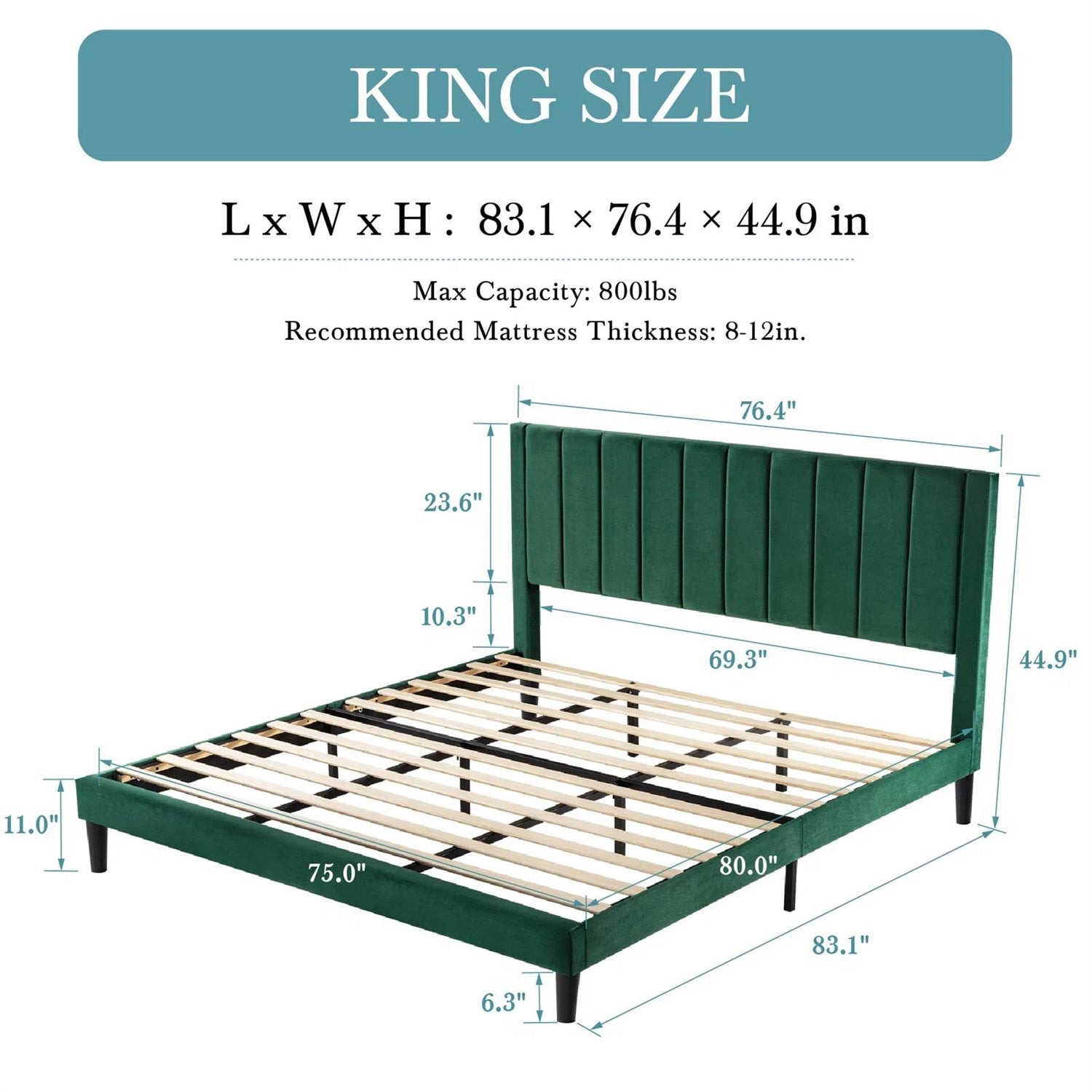 King size bed frame with dimensions on a white background