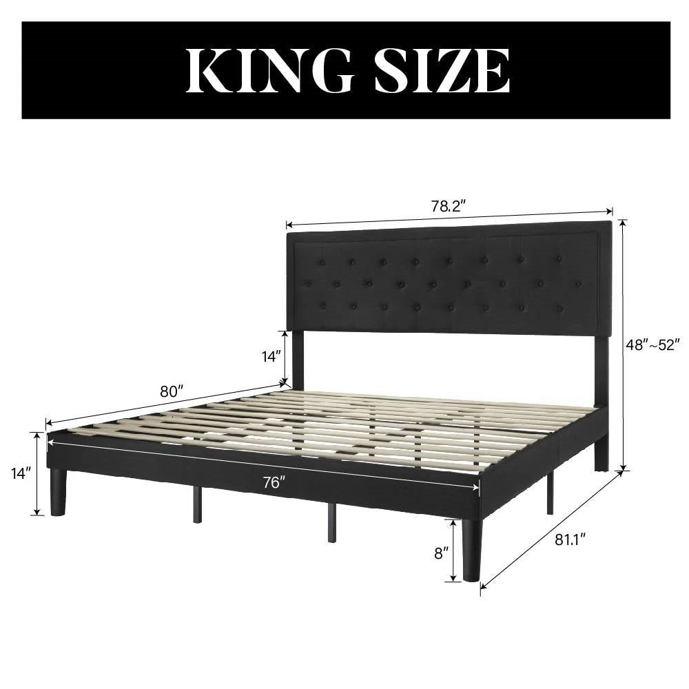 King Size Black Linen Upholstered Platform Bed Frame with Button-Tufted Adjustable Headboard
