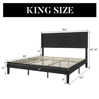King Size Black Linen Upholstered Platform Bed Frame with Button-Tufted Adjustable Headboard
