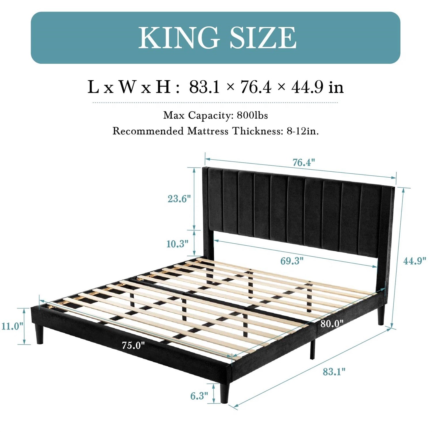 King size bed frame with dimensions and specifications on a white background