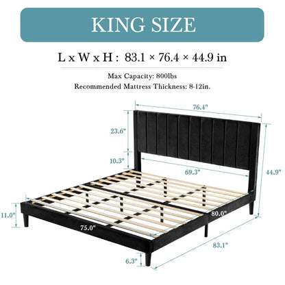 King size bed frame with dimensions and specifications on a white background