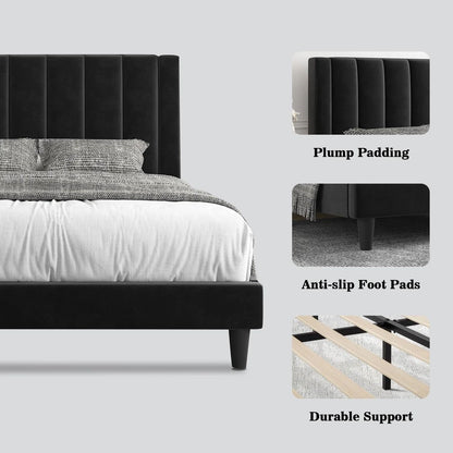 Black king size velvet upholstered platform bed with plump padding, anti-slip foot pads, and durable support features highlighted.