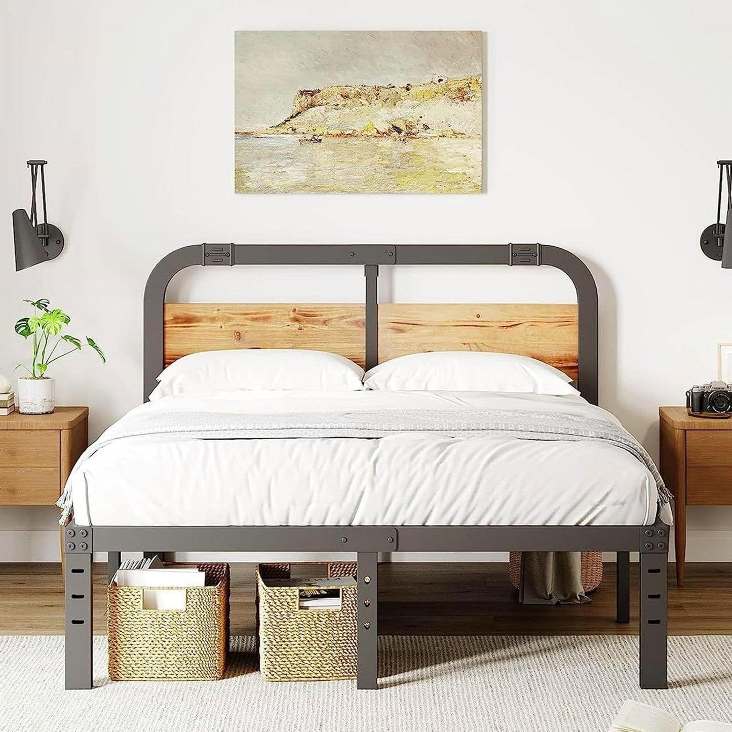 Bedroom with a heavy duty king size metal bed frame, wooden headboard, and two nightstands.
