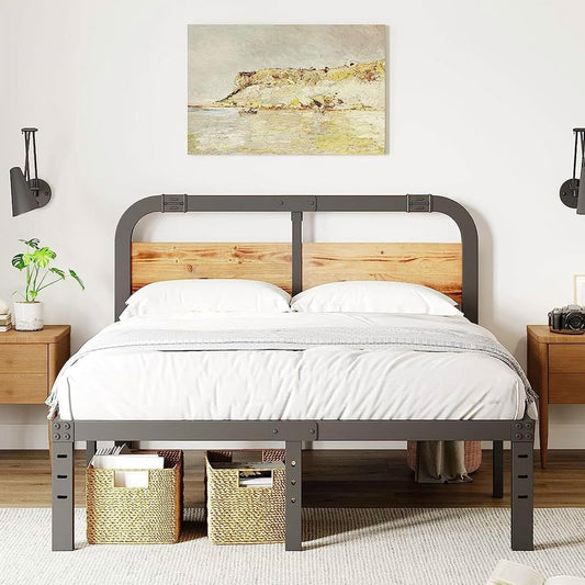 Bedroom with a heavy duty king size metal bed frame, wooden headboard, and two nightstands.
