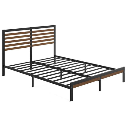 King size metal bed frame with wooden slats on a white background