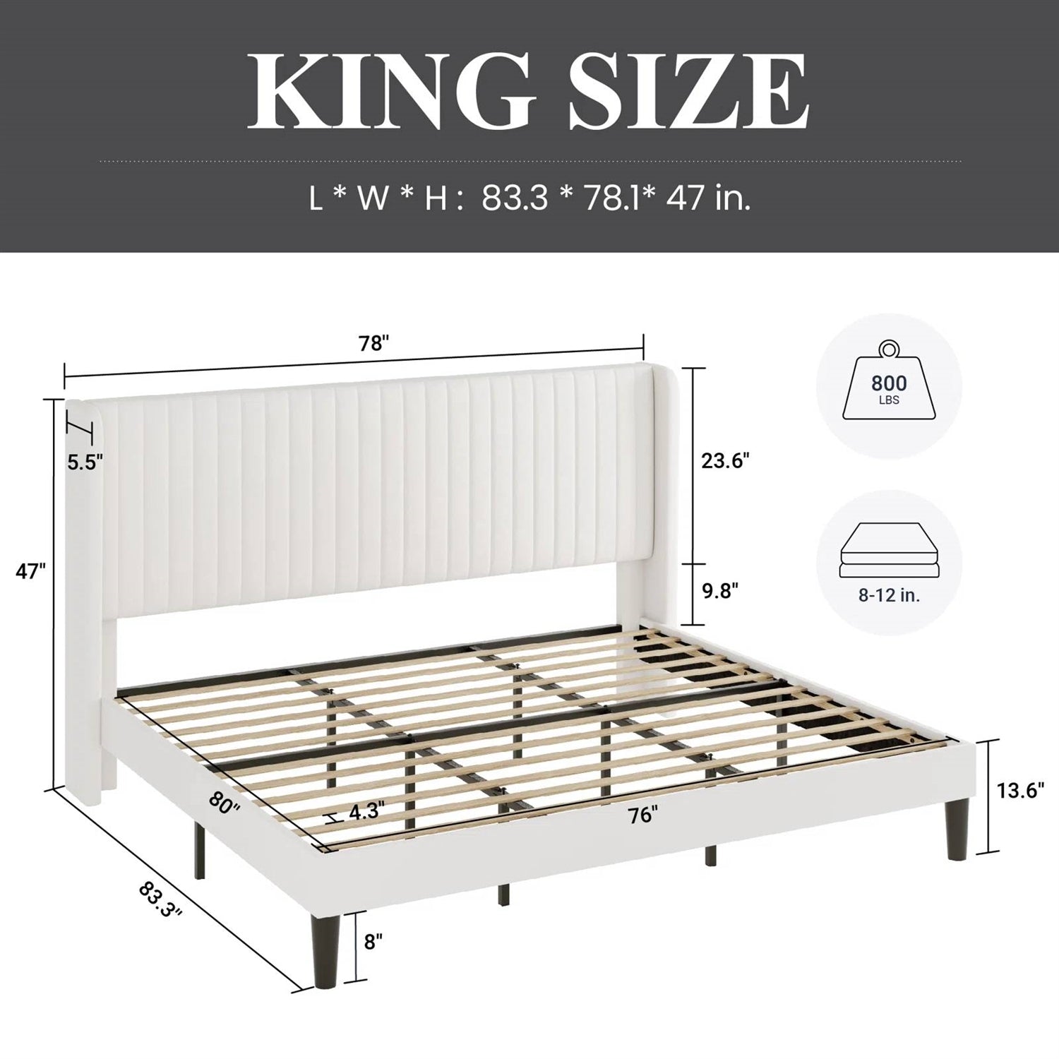 King size bed frame with dimensions on a white background