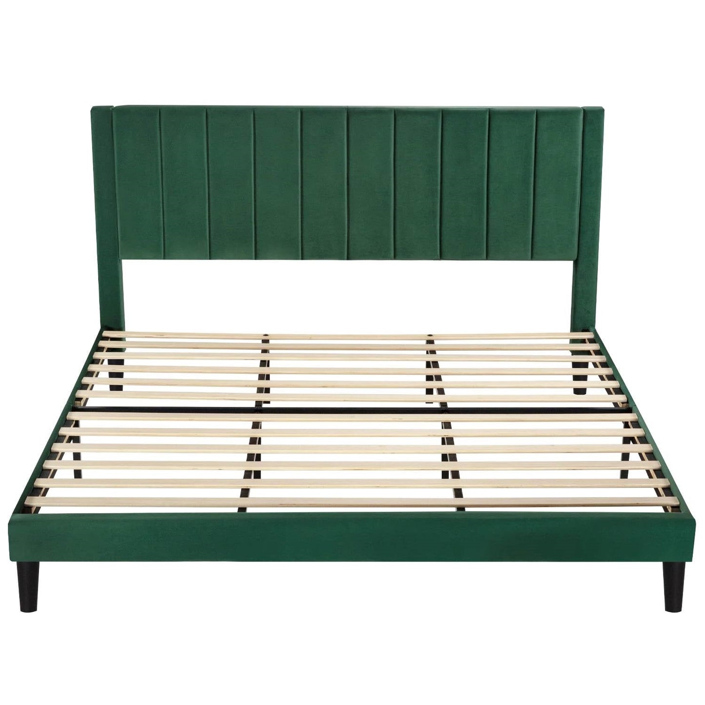 King size green velvet bed frame with wooden slats on a white background