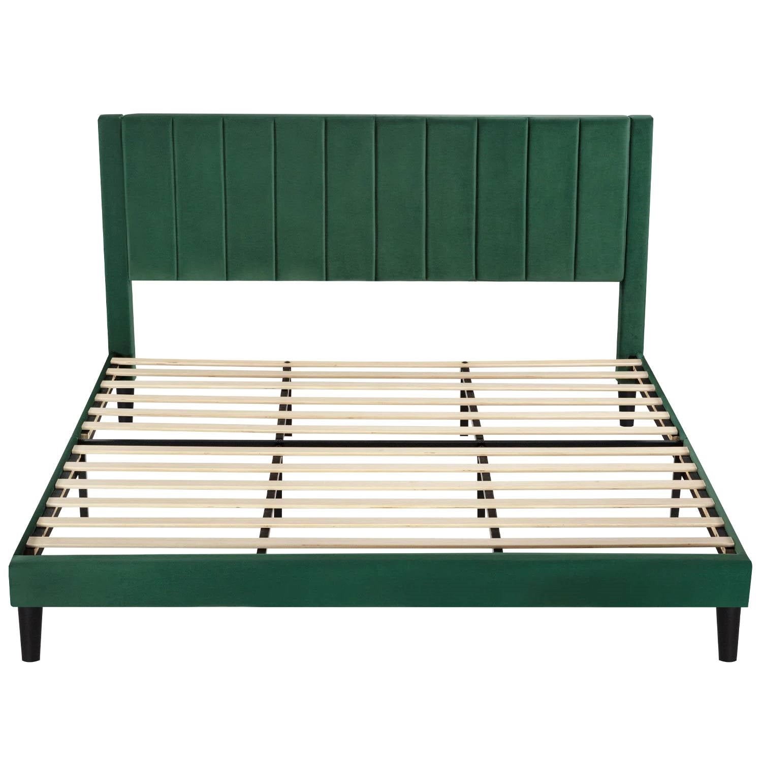 King size green velvet bed frame with wooden slats on a white background