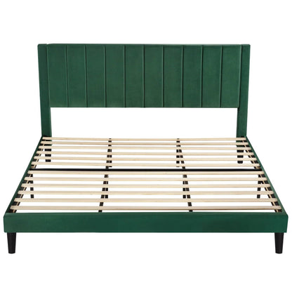 King size green velvet bed frame with wooden slats on a white background