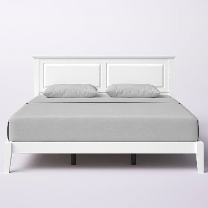White platform bed king size frame with gray mattress and pillows on a white background