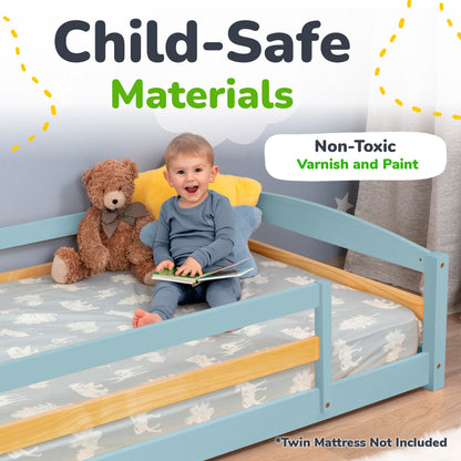 Child sitting on a bed with a teddy bear, surrounded by text about child-safe materials and non-toxic varnish and paint.